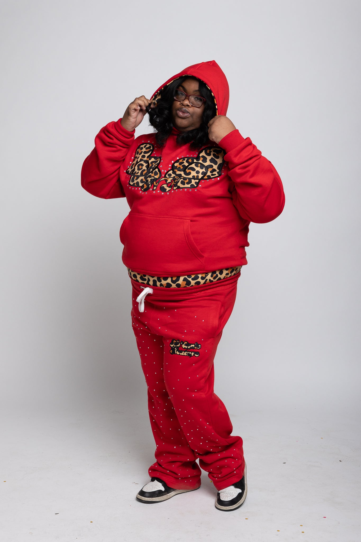 Red & Leopard Print Double Waist Hoodie & Jogger Set