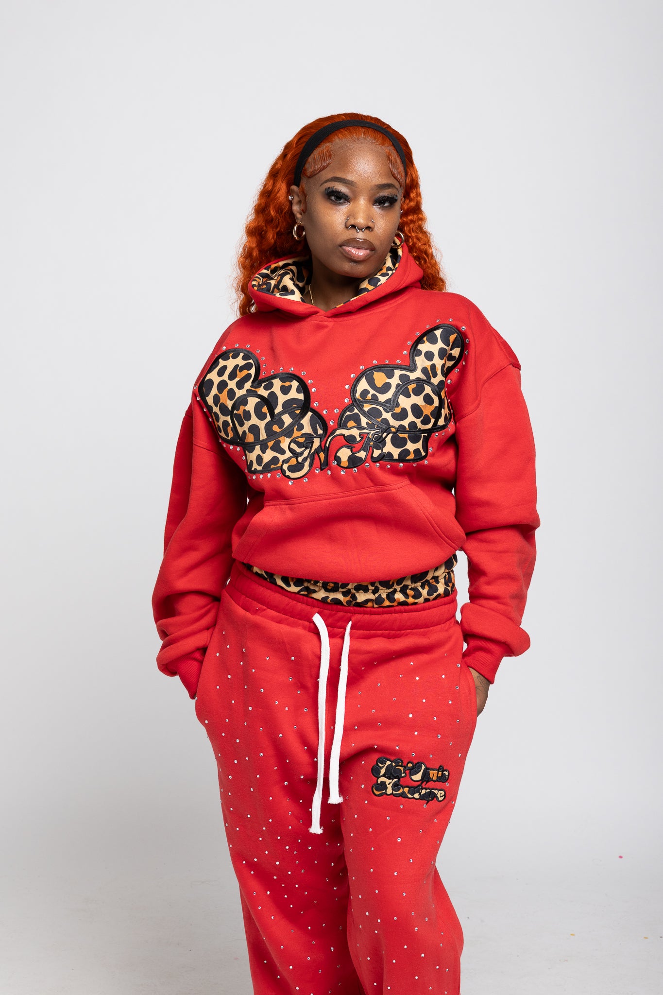 Red & Leopard Print Double Waist Hoodie & Jogger Set